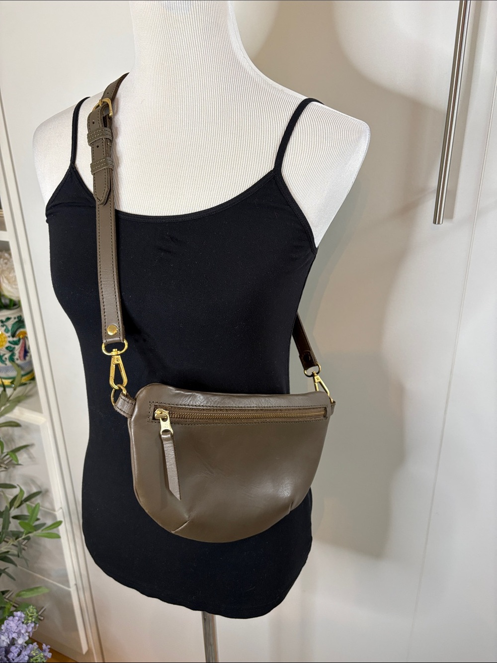 Abby Alley Olive Leather Crossbody Bag with Adjustable Strap Brass Hrdwr